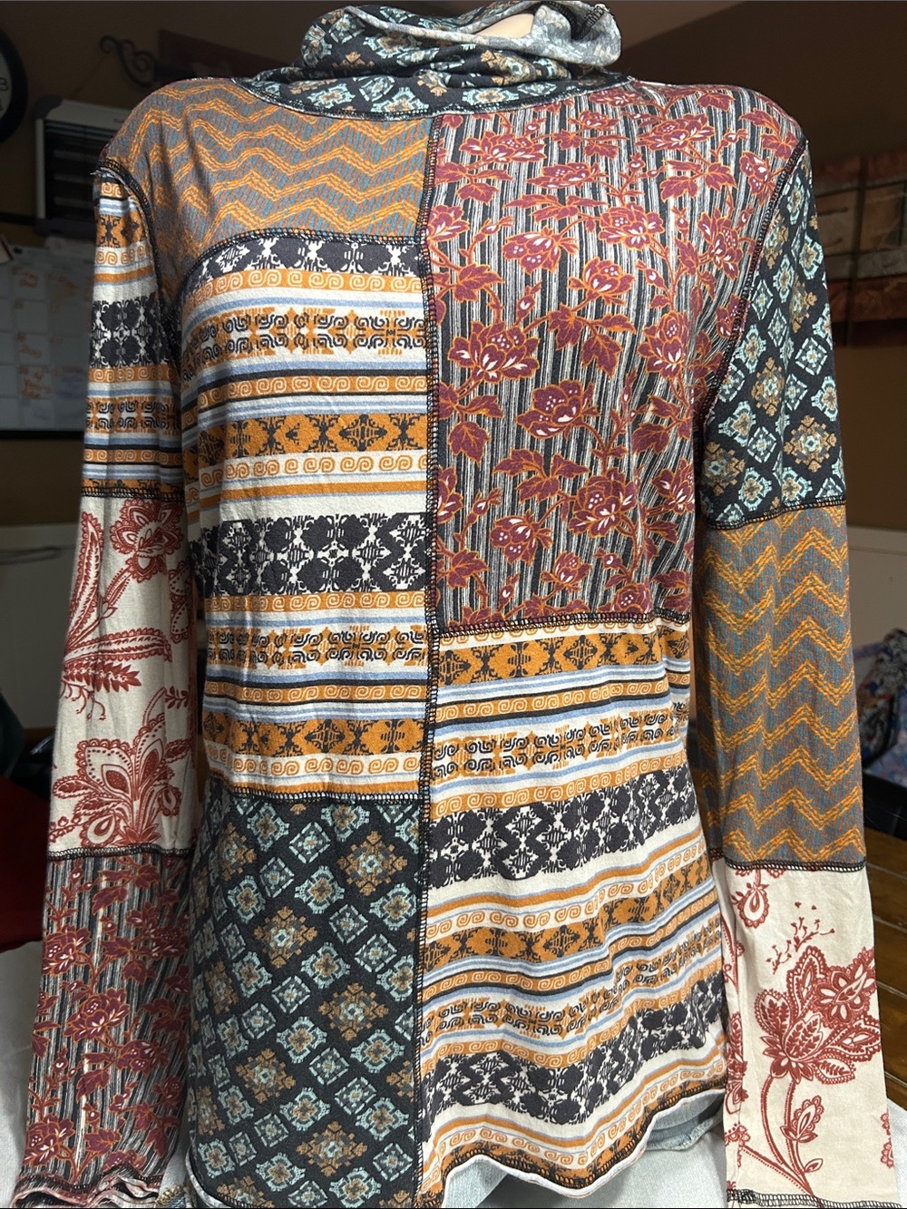 Sundance Patchwork Turtleneck Top -bohemian design /floral/geometric pattern